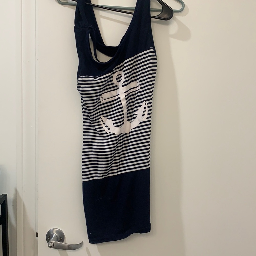 Navy blue and white striped anchor dress